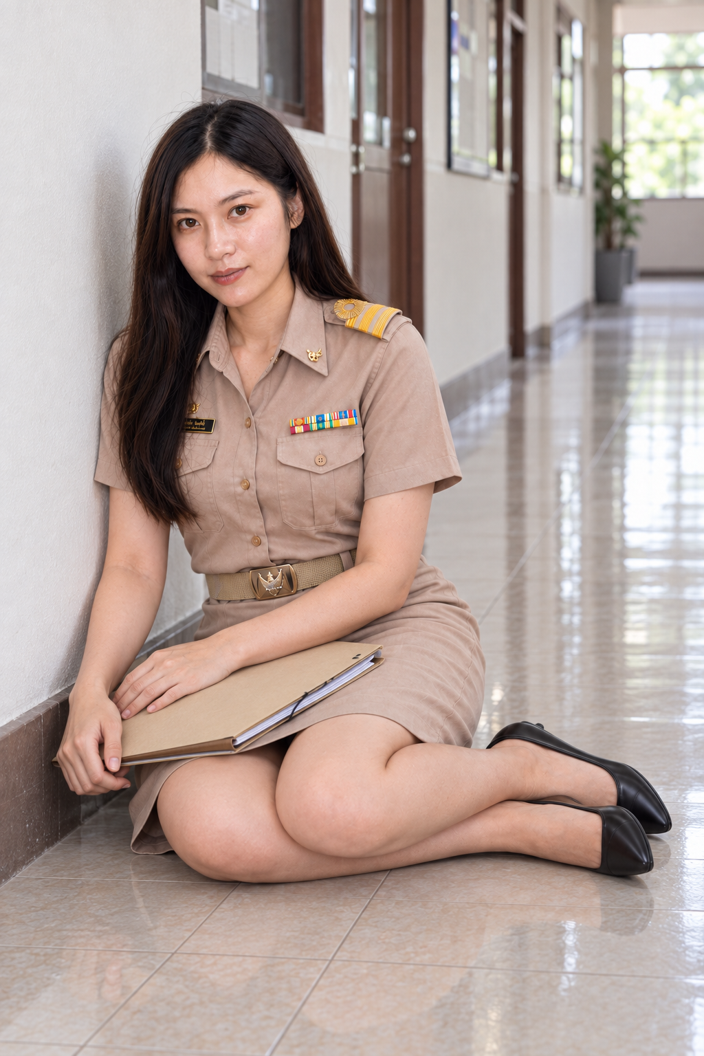 กระโปรงทรงเอ ชุดข้าราชการนั่งพื้นข้างประตูถือแฟ้ม